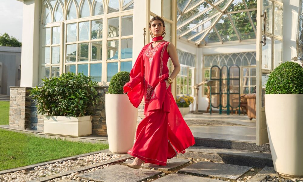 Radiate charm in Rangriti's red 3-piece set