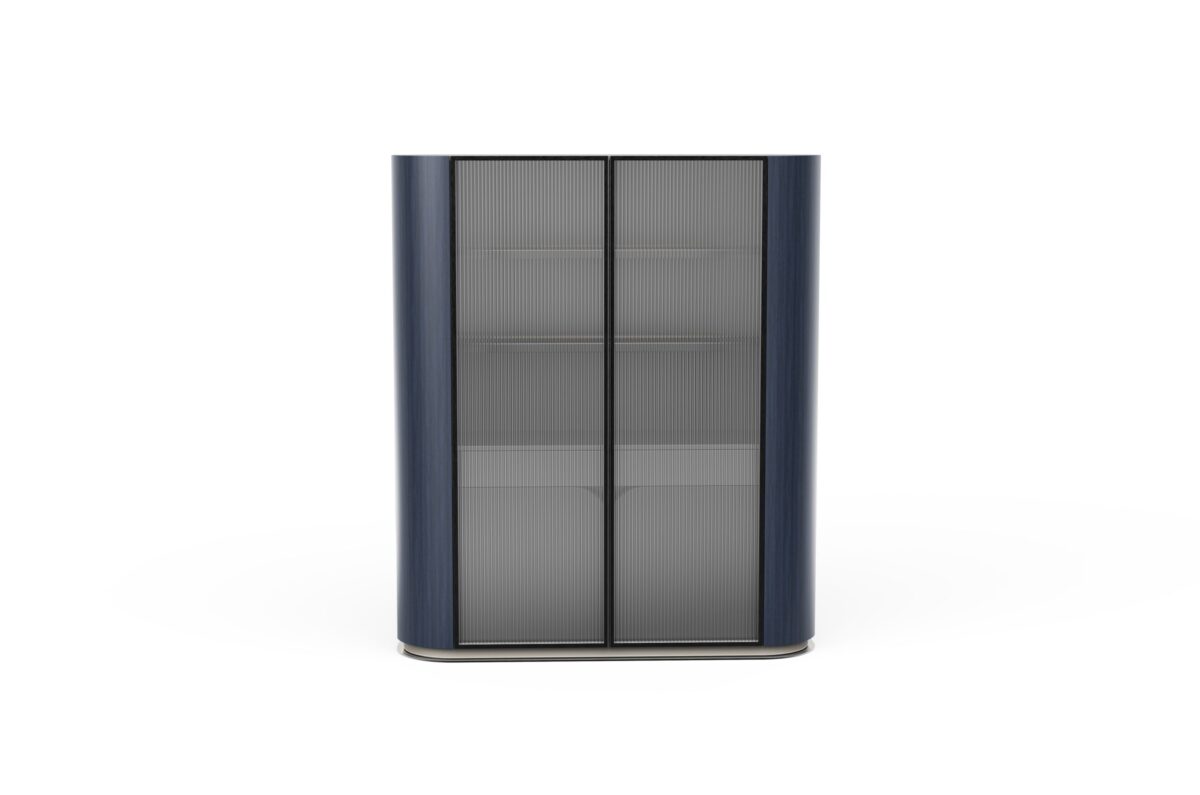 Bröhm Bar Cabinet by Trestle with fluted glass and leather interiors.
