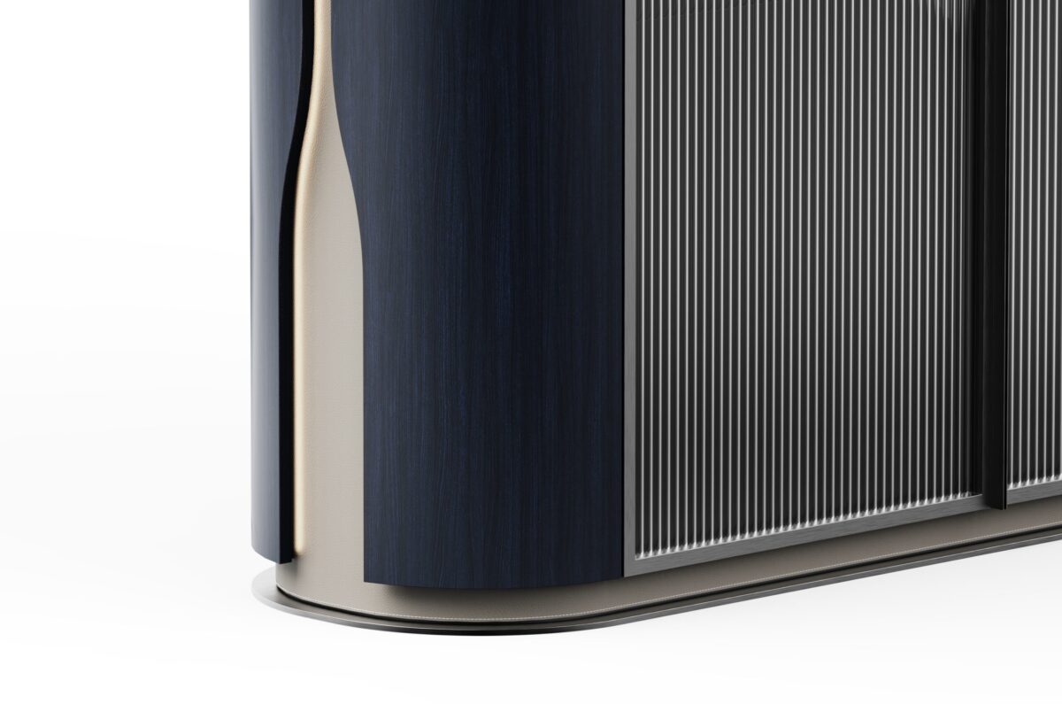 Bröhm Bar Cabinet by Trestle with fluted glass and leather interiors.