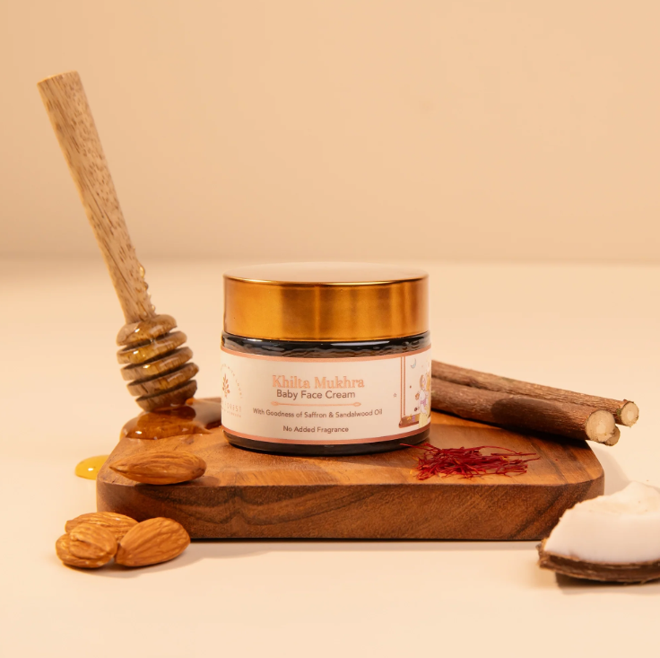 Baby Care Essentials Every Parent Needs This Summer 113 Baby Forest Khilta Mukhra Baby Face Cream enriched with Shea Butter, Saffron, and Almond Oil for soft and nourished baby skin.