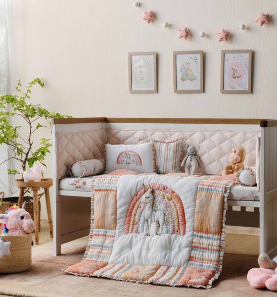 MiRooh Cosmic Candy Collection with pastel unicorn-themed bedding and embroidered cushions for children's bedrooms.