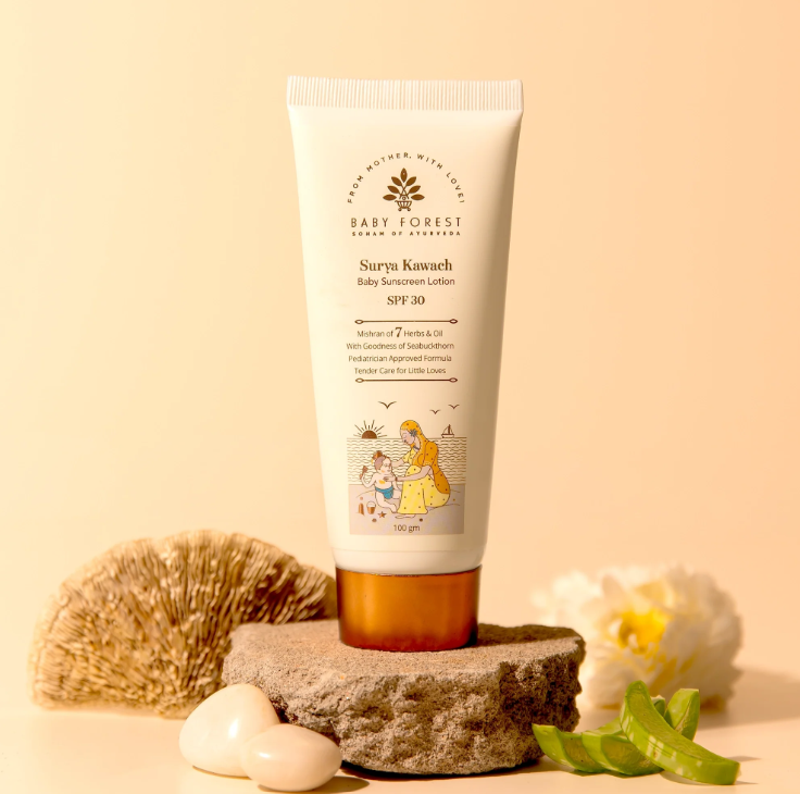 Baby Care Essentials Every Parent Needs This Summer 114 Baby Forest Ayurvedic Surya Kawach SPF 30 Baby Sunscreen Lotion providing gentle sun protection for delicate baby skin.