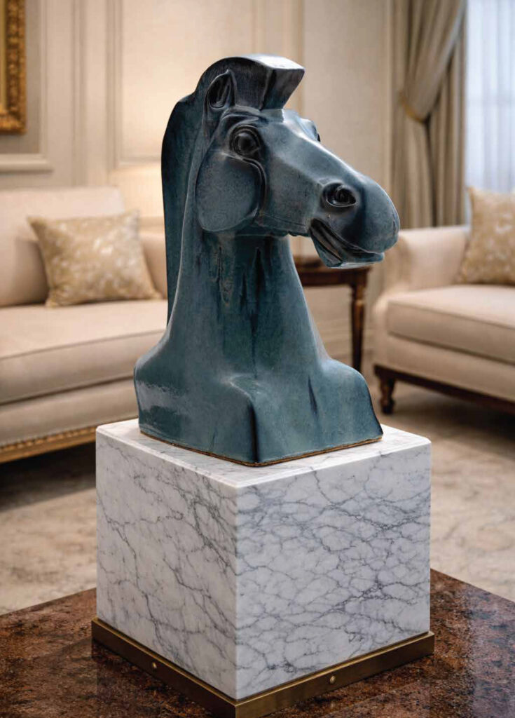 The Stallion handcrafted ceramic horse sculpture with oceanic blue glaze by The Great Eastern Home.